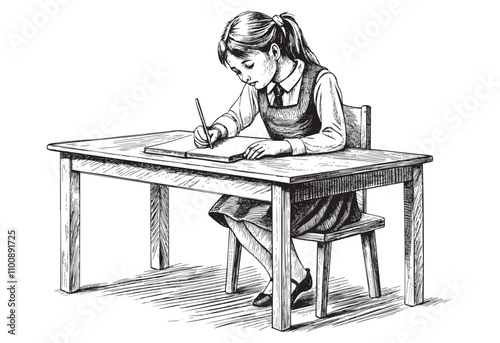 Schoolgirl doing study on the table sketch engraving drawing hand drawn vector illustration