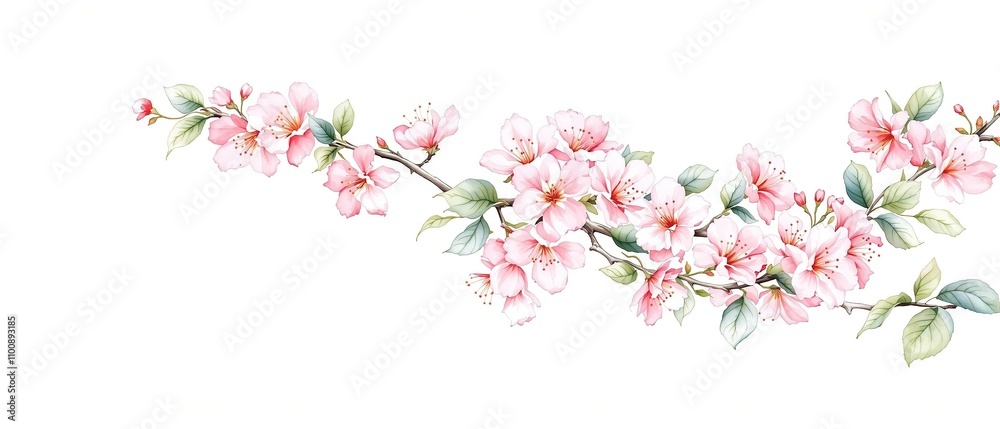 Cherry blossom branch in watercolor style on white background, with pink flowers and green leaves, spring bloom, floral artwork, lovely art, branch painting, Japanese culture