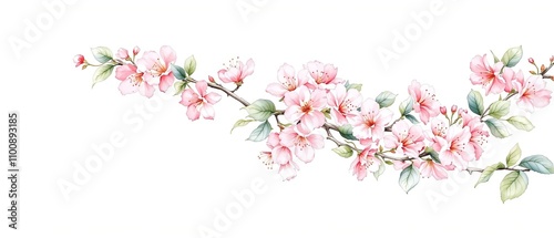 Cherry blossom branch in watercolor style on white background, with pink flowers and green leaves, spring bloom, floral artwork, lovely art, branch painting, Japanese culture