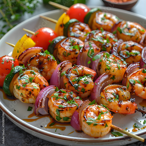 delicious grilled shrimp skewers with colorful vegetables on a plate, perfect for a summer barbecue or healthy meal concept with white shades, png photo