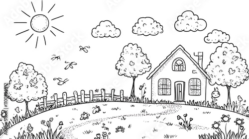 Children’s black outline drawing on a white background, with a house, trees, sun, clouds, and a fence; ideal for coloring activities, banner designs, wallpaper, and clothing prints