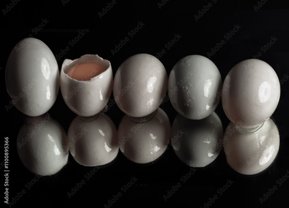 Five raw duck eggs are sitting in a row with an egg broken in half showing the yolk and white egg with reflection on dark background. use it as your Wallpaper, Poster and Space for text, Selective foc