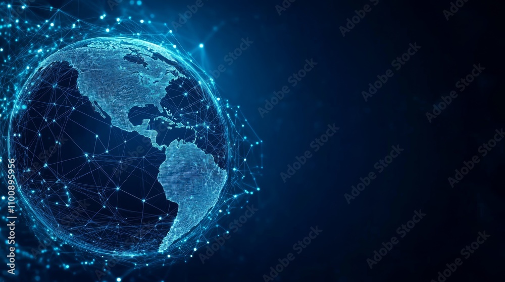 Fototapeta premium Global Communication Technology Network Concept with Earth Globe and Digital Data Flow