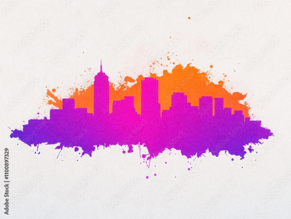 Obraz premium Colorful city skyline silhouette with vibrant orange and purple splashes on a textured background, conveying creativity and urban energy in artistic representation.