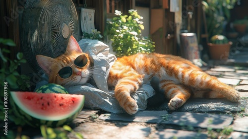 Cool Cat Relaxing in Summer Sun with Watermelon
