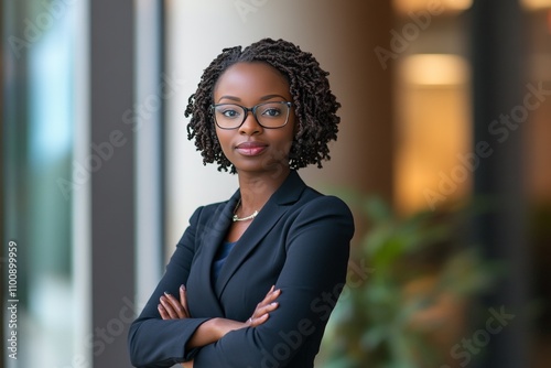 A confident businesswoman in professional attire, standing in a corporate office, representing career growth and leadership. photo