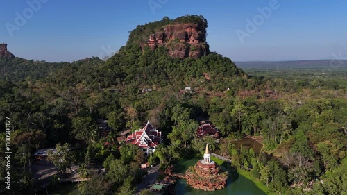 Aerial view of Wat Phu Tok temple a quiet mountain and a place of peace and respect in Bueng Kan province of Thailand. photo