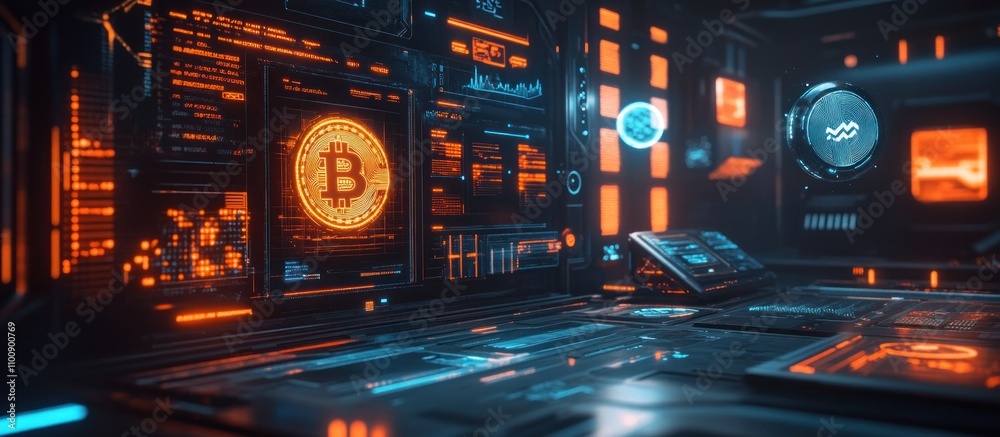 Obraz premium Futuristic technology room with a large Bitcoin symbol displayed on a monitor.