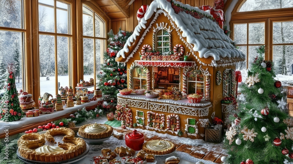 Fototapeta premium Enchanting Christmas Gingerbread House in Snowy Winter Setting