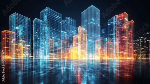 A futuristic city skyline with glowing transparent skyscrapers reflecting vibrant lights against a dark background.