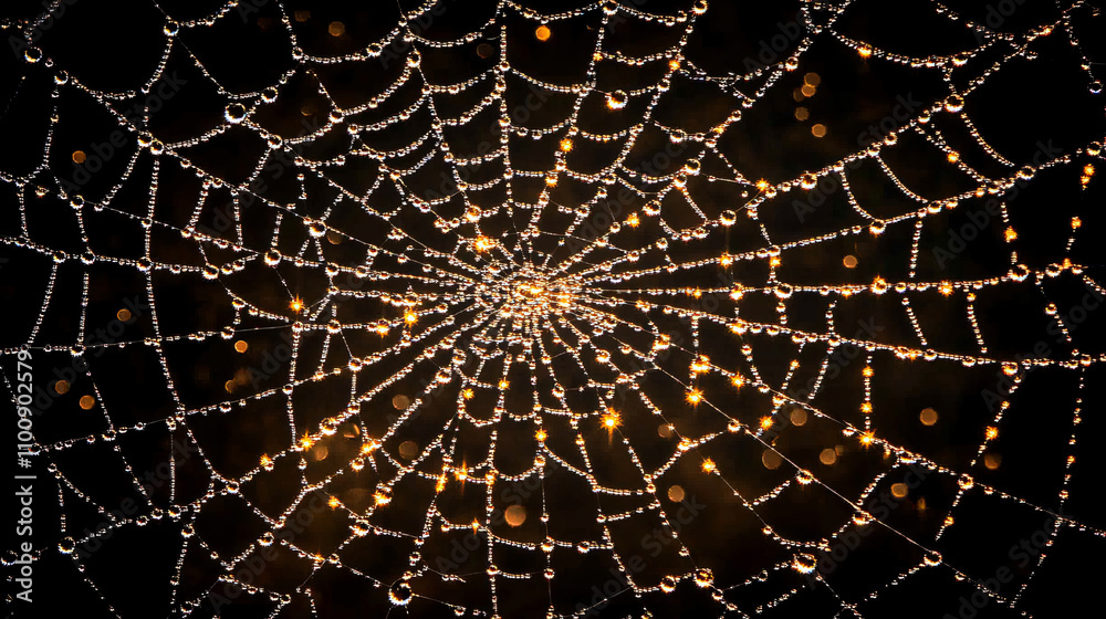 Obraz premium A close-up view of a spider web adorned with glistening droplets, creating a mesmerizing pattern against a dark background.