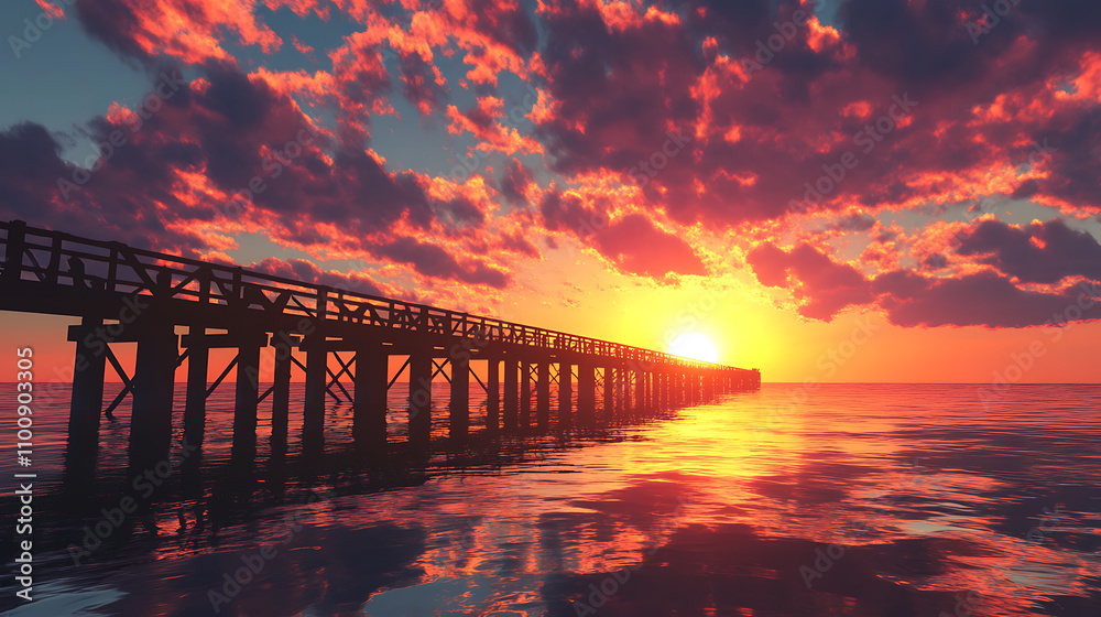 Fototapeta premium Sunset over the bridge with reflection on the water
