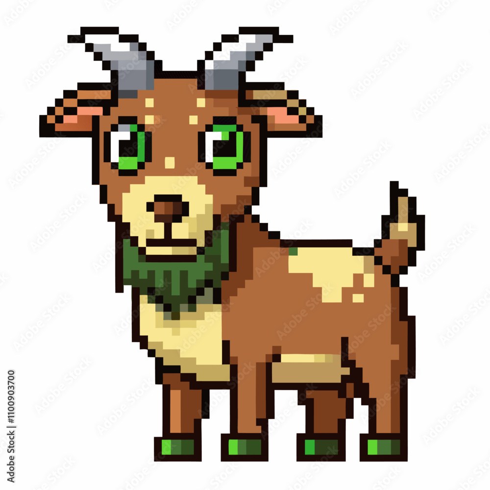 Obraz premium Pixel Art Goat with Green Eyes and Horns in 8 Bit Retro Style