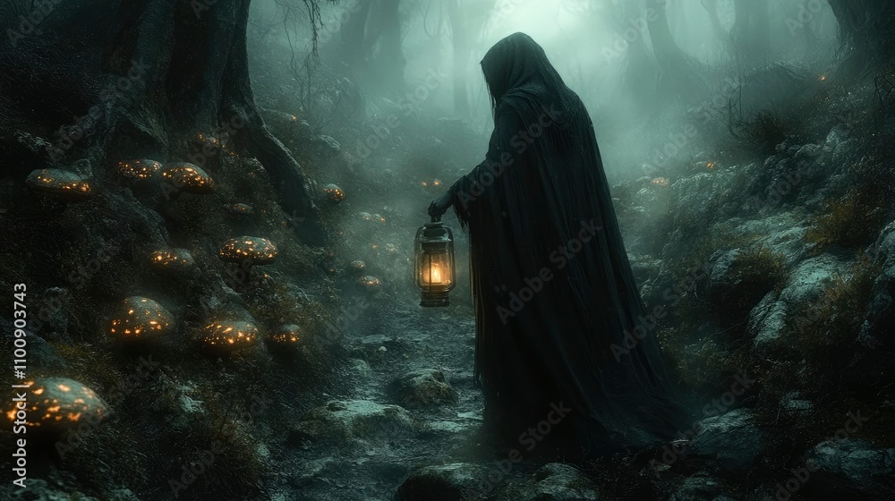 Obraz premium Mysterious Figure in a Glowing Mushroom Forest
