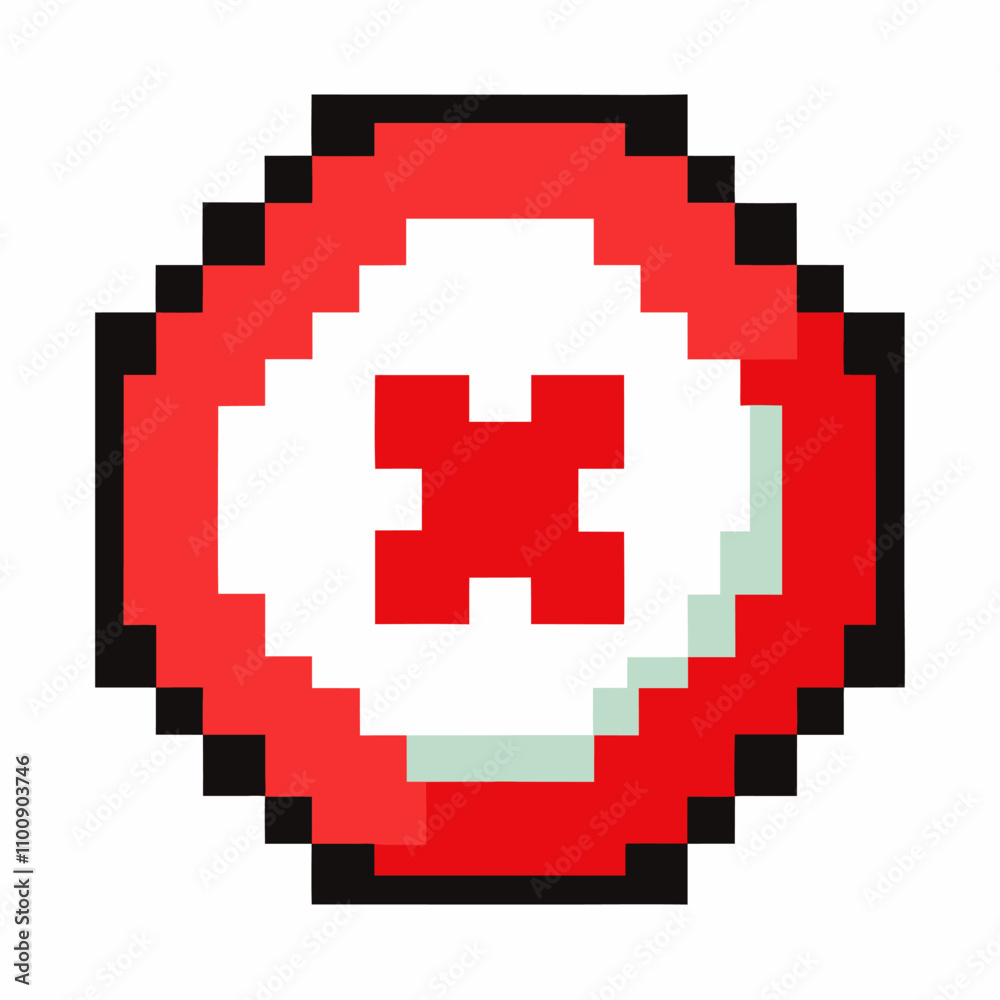 Obraz premium Pixelated Red Error Icon with Cross Symbol on Transparent Background