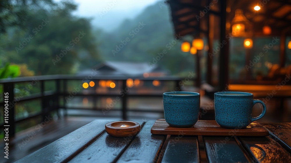 Fototapeta premium Two Cups of Tea on Rainy Day Balcony with Mountain View