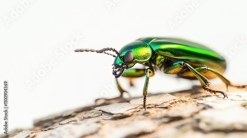 Vibrant green beetle close-up on a natural surface, isolated on white background.