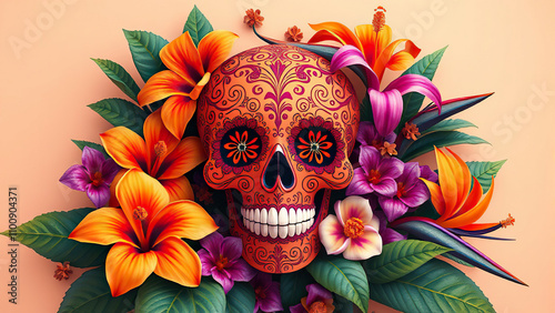 sugar skull surrounded by exotic flowers such as hibiscus and bird of paradise,  sugar art,  tropical flowers,  artisanal crafts,  seasonal decorations. photo