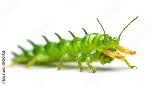 Close-up of a vibrant green caterpillar on a white isolated background photo