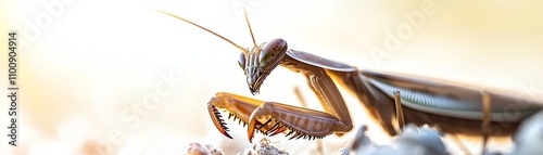 Close-up of a mantis displaying intricate details on a blurred background. photo