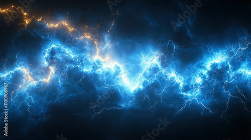 Abstract Blue and Gold Lightning Storm, Electrical Energy Background