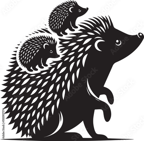 A mother hedgehog with baby hedgehogs on her back vector silhouette