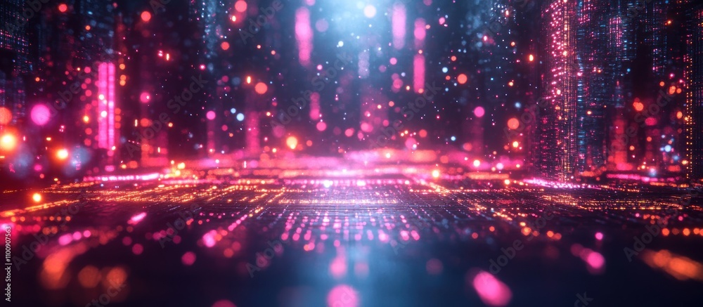 Fototapeta premium Abstract futuristic digital city with glowing lights and particles.