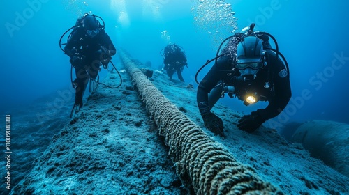 Divers Conducting Submarine Cable Maintenance Underwater