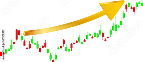 concept of forex trading A prominent red upward-trending arrow, signifying growth and profitability Overlaid on the map are green and red candlestick charts 