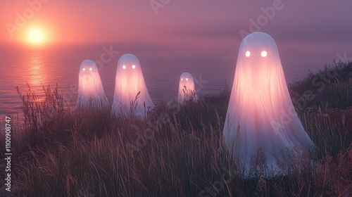 Enigmatic Glowing Ghosts at Sunset on Coastal Grassland