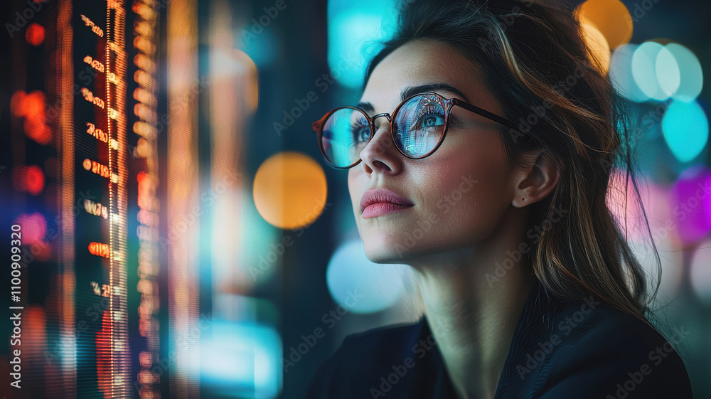 focused businesswoman in glasses analyzes data on digital screen in vibrant, modern workspace, surrounded by colorful lights and dynamic atmosphere focused businesswoman in glasses analyzes data on digital screen in vibrant, modern workspace, surrounded by colorful lights and dynamic atmosphere
