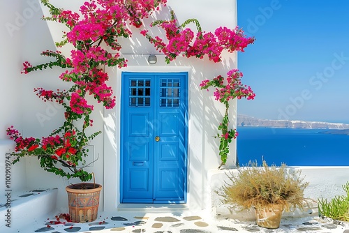 Fototapeta Naklejka Na Ścianę i Meble -  Beautiful blue door with flowers on Santorini island.