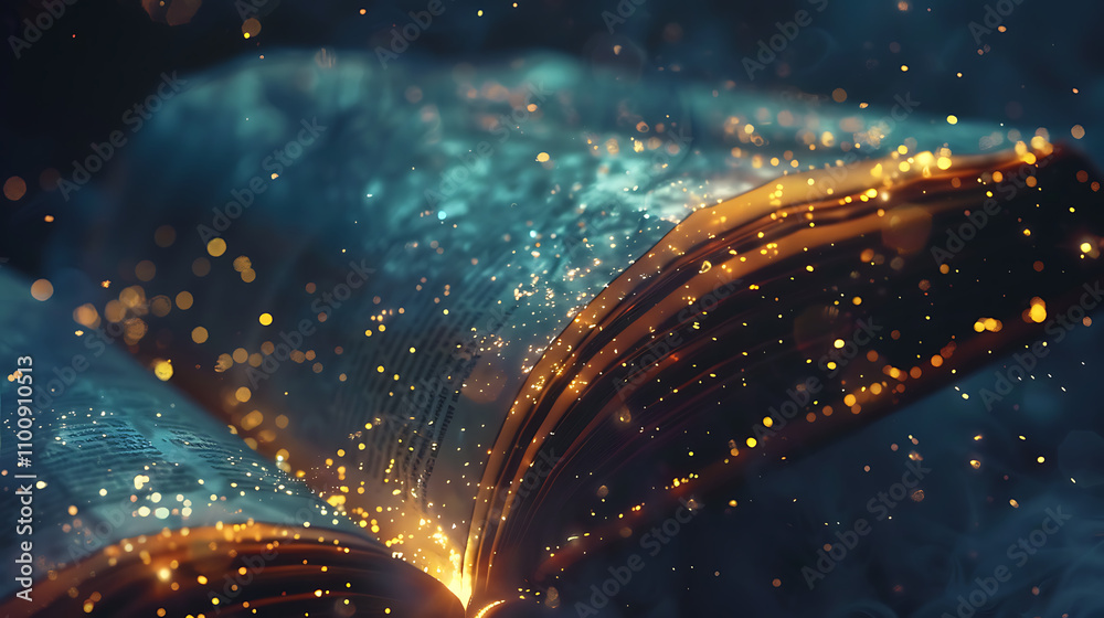 Obraz premium Mysterious Book with Glowing Golden Pages Surrounded by Particles in an Enigmatic Atmosphere Offering a Sense of Wonder and Discovery
