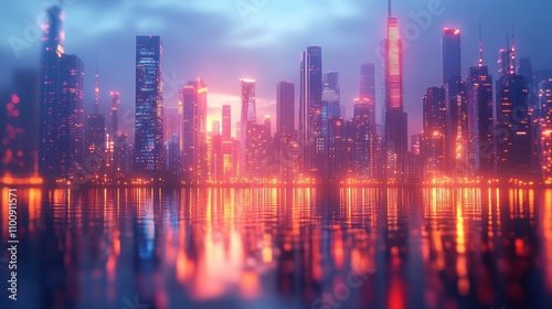 A futuristic cityscape with neon lights reflecting on the water.