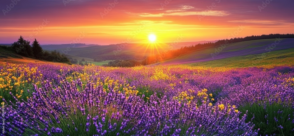 Naklejka premium Serene Sunset Over Lavender Field with Vibrant Purple Flowers and Rolling Hills