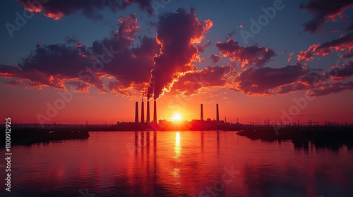 A sunset over a power station emphasizes the need for sustainable energy practices.