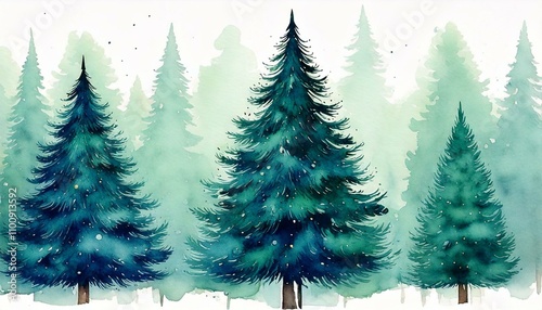 Watercolor Christmas tree. Background with Christmas trees. Watercolor fir.