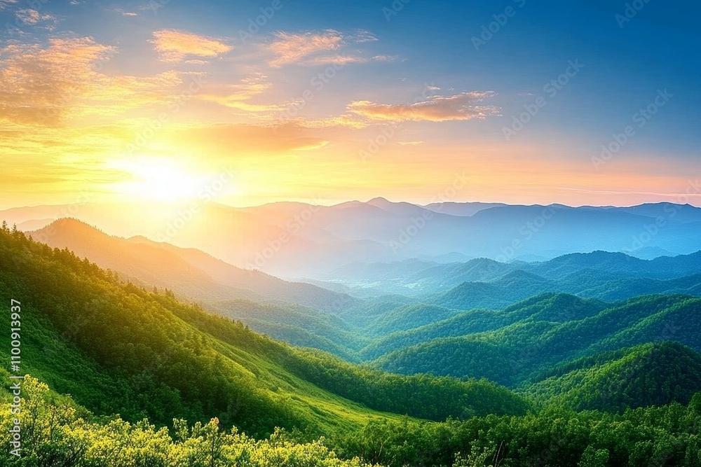 Fototapeta premium Lush Green Mountain Range at Sunrise with Serene Sky Transitioning from Blue to Orange
