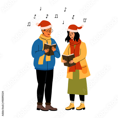 Couple singing holiday carols while wearing festive hats in a joyful atmosphere