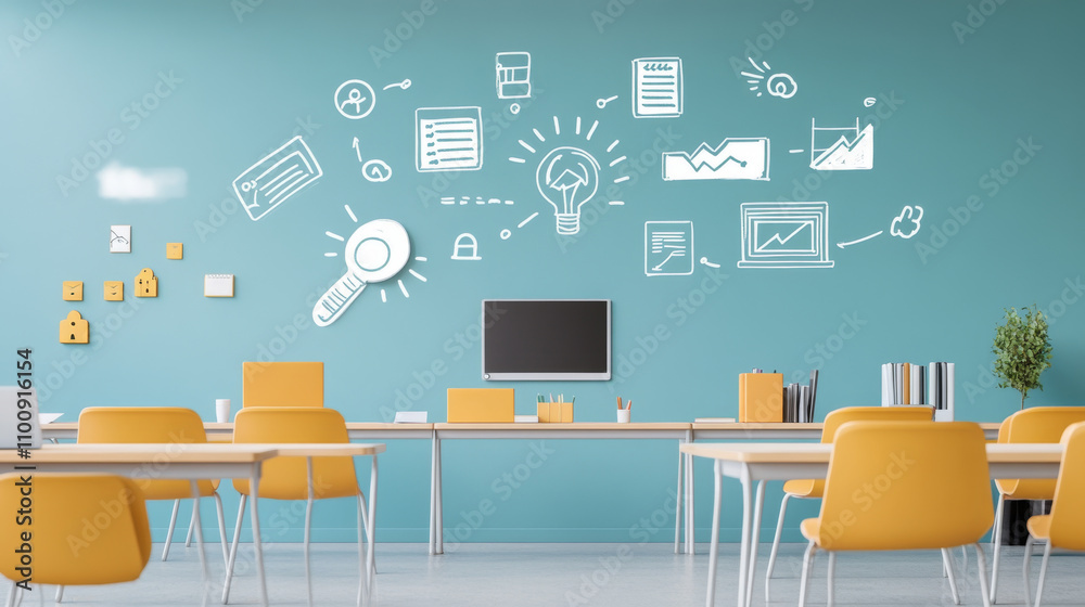 Naklejka premium modern classroom featuring bright orange chairs and blue wall adorned with educational graphics. space is designed for interactive learning and creativity