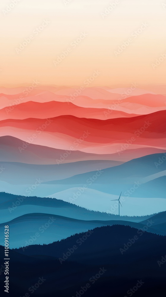 Obraz premium Epic Sunset Landscape Wind Turbine in Misty Mountains