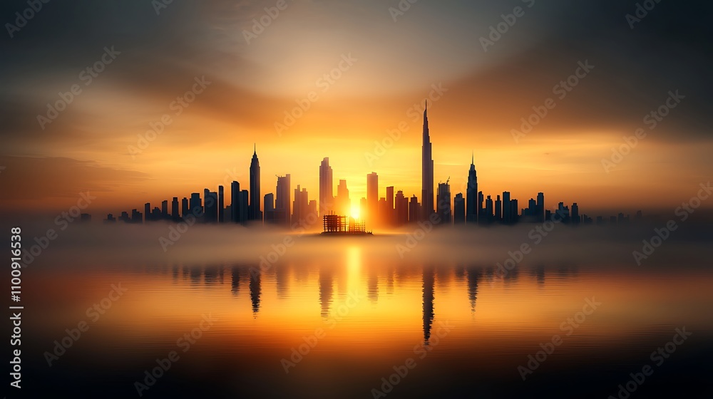 Naklejka premium A stunning aerial view of a city skyline at sunrise, with one building still under construction, symbolizing the evolution from nothing to a thriving metropolis, with the warm glow of the sun 