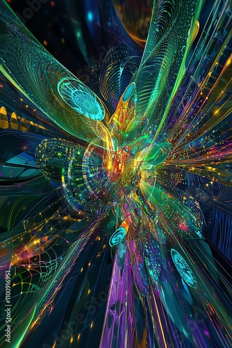 Digital quantum entanglement visualization, complex data networks, vibrant energy flows, abstract technological patterns photo