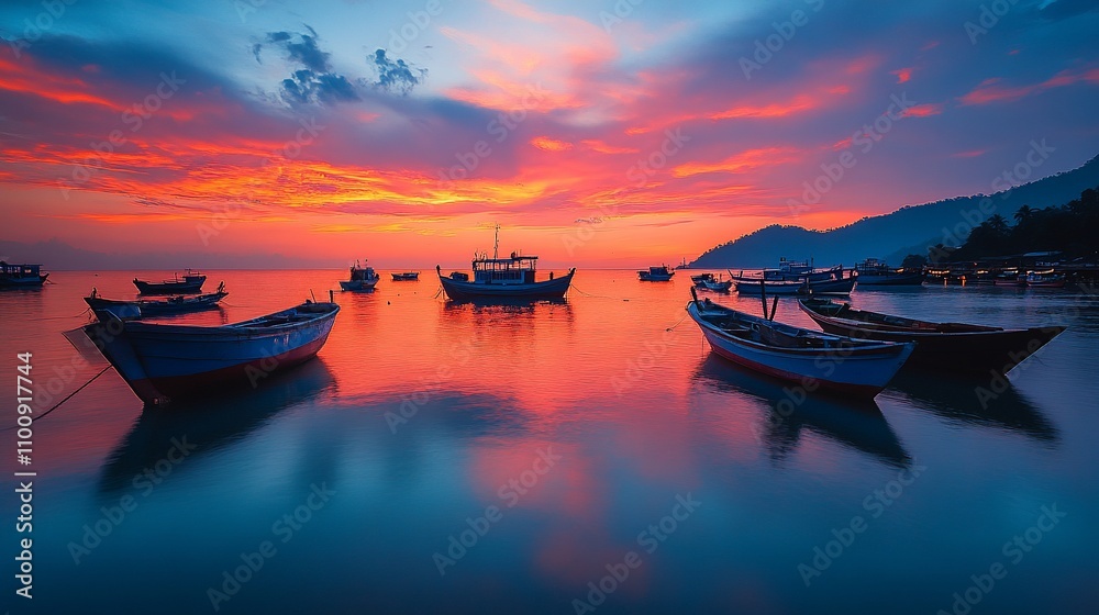 Fototapeta premium Vibrant sunset over calm ocean with fishing boats.