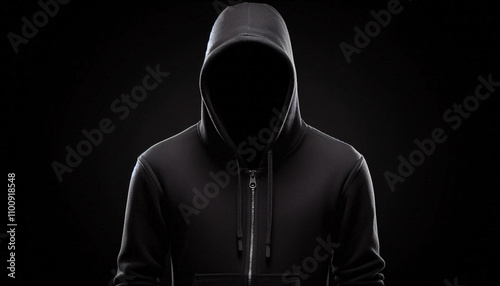anonymous person in black hood and black background