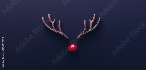 A minimalist-style sticker design featuring reindeer antlers and a red nose on a navy purple background. 