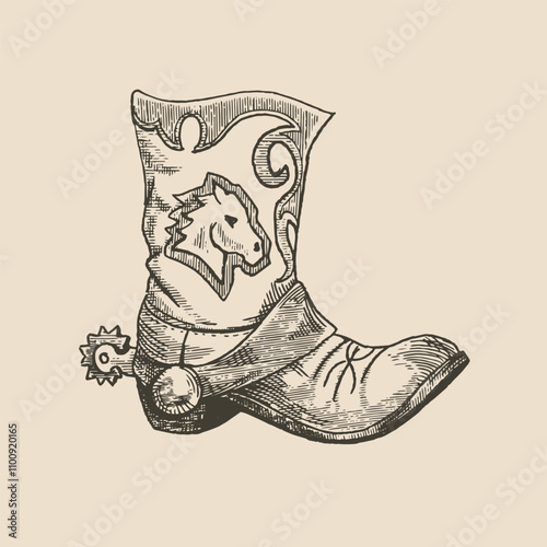 Cowboy boot, illustration in medieval engraving style