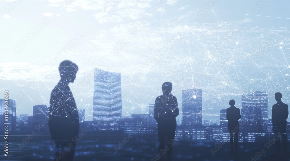 Silhouetted business people on cityscape background with network connections.