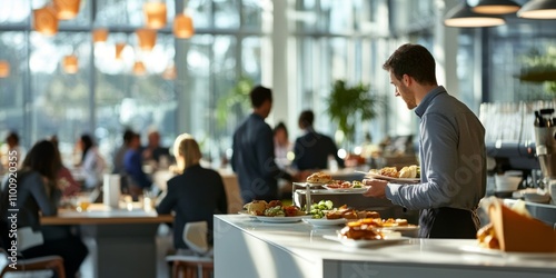A well lit corporate cafeteria with employees networking over lunch photo