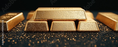 A close-up view of shiny gold bars resting on a dark surface, reflecting light and showcasing their intricate textures.